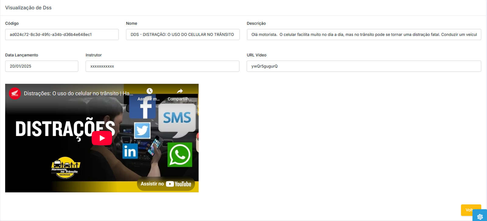 Visualização do DSS cadastrado