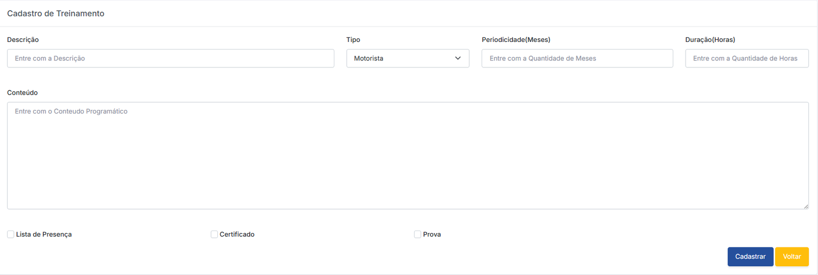 Cadastro de Treinamento