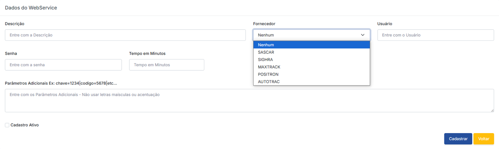 Cadastro de WebService Telemetria por rastreamento